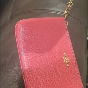 Coach Coral Leather Wristlet with Gold Accents